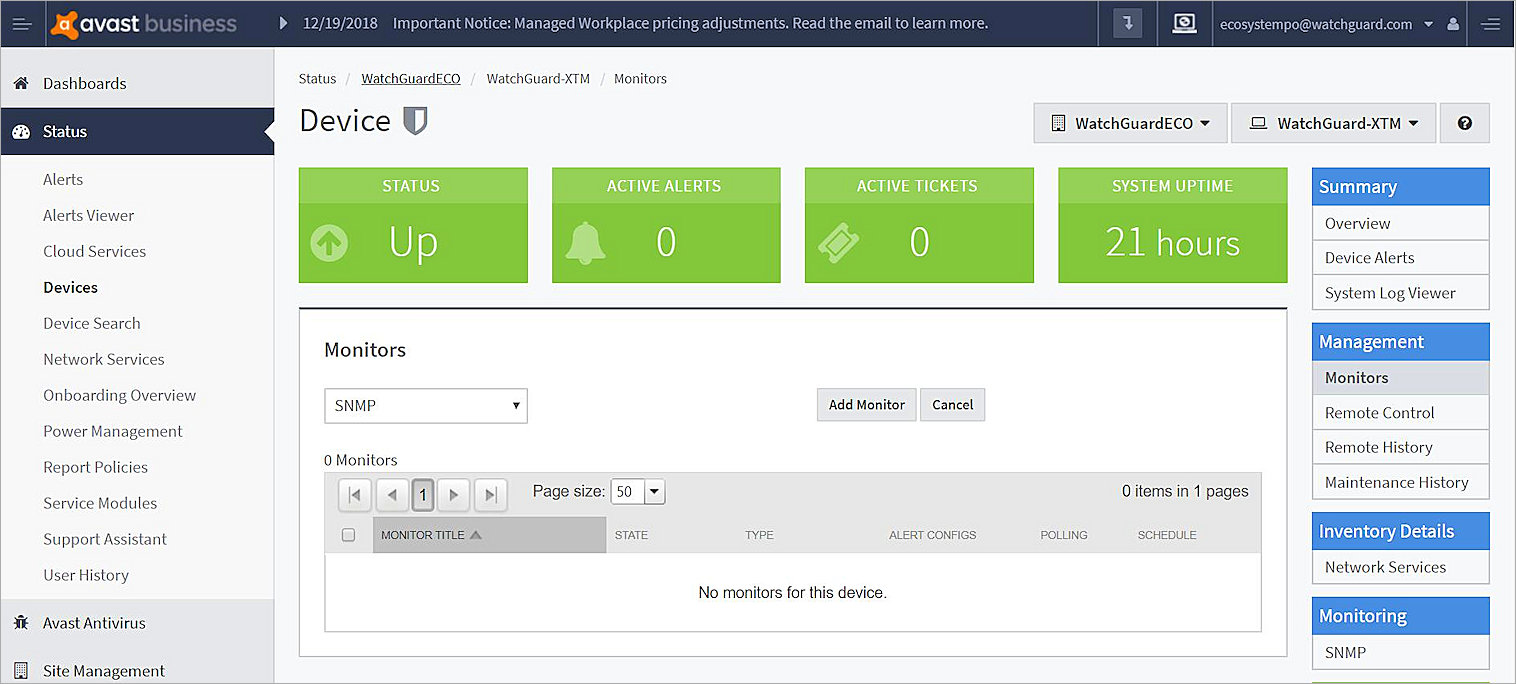 Screenshot of AVG Business Site Management, Status, Devices, Monitor Add dialog box